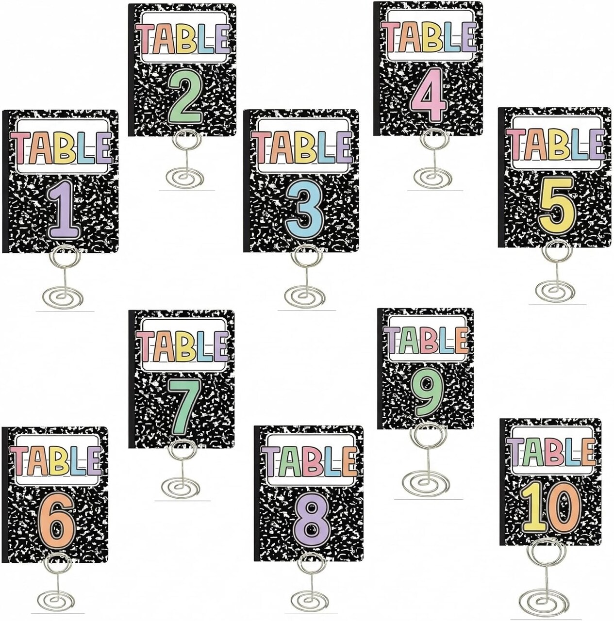 Classroom Table Numbers 1–10 Set with Metal Stands – Double-Sided Composition Style Group Number Cards for Teacher Classroom Management, Team Labels & Desk Organization (Back to School Decor)